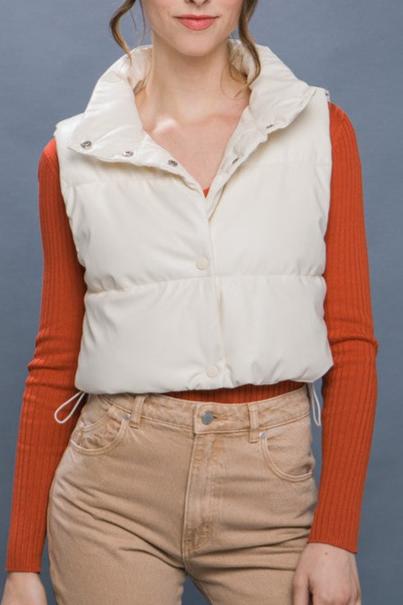 Cropped Faux Leather Puffer Vest
