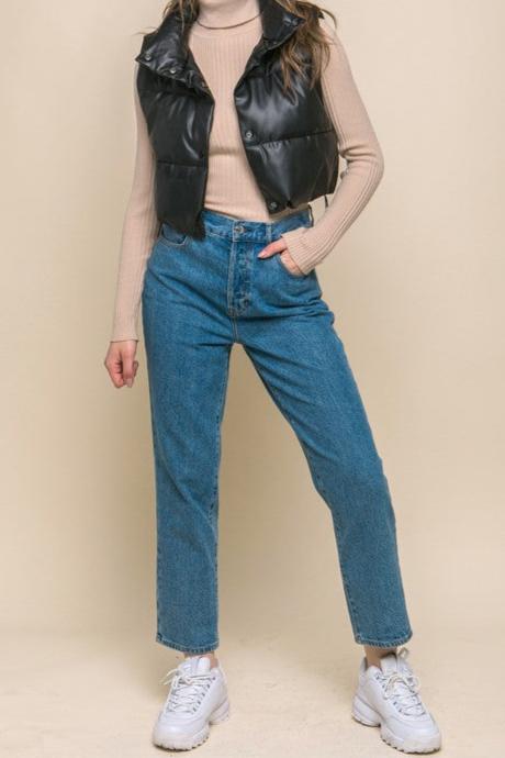 Cropped Faux Leather Puffer Vest