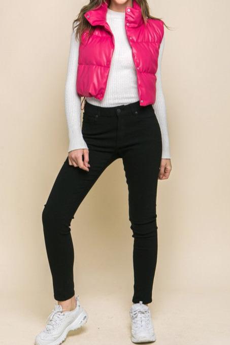 Cropped Faux Leather Puffer Vest