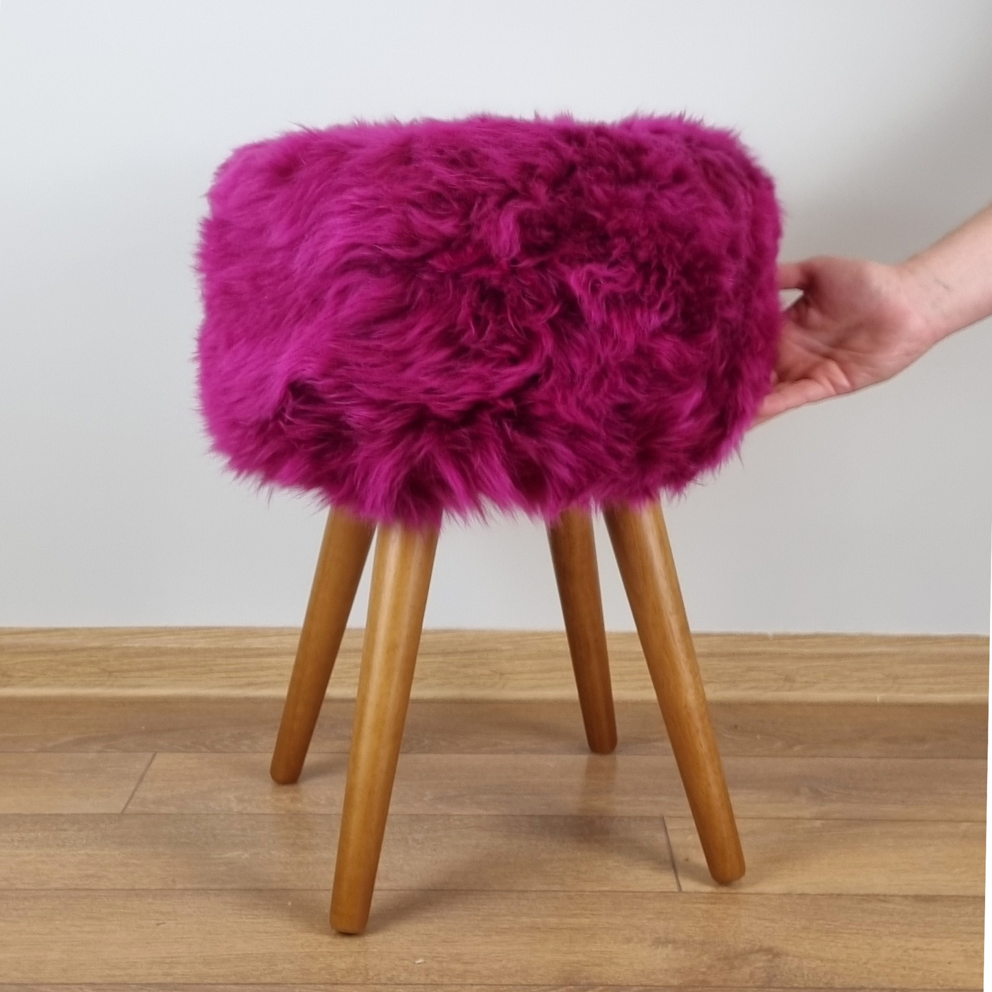 Dark Pink Genuine Sheepskin Stool With Oak Legs - Aphrodite Wears Pink