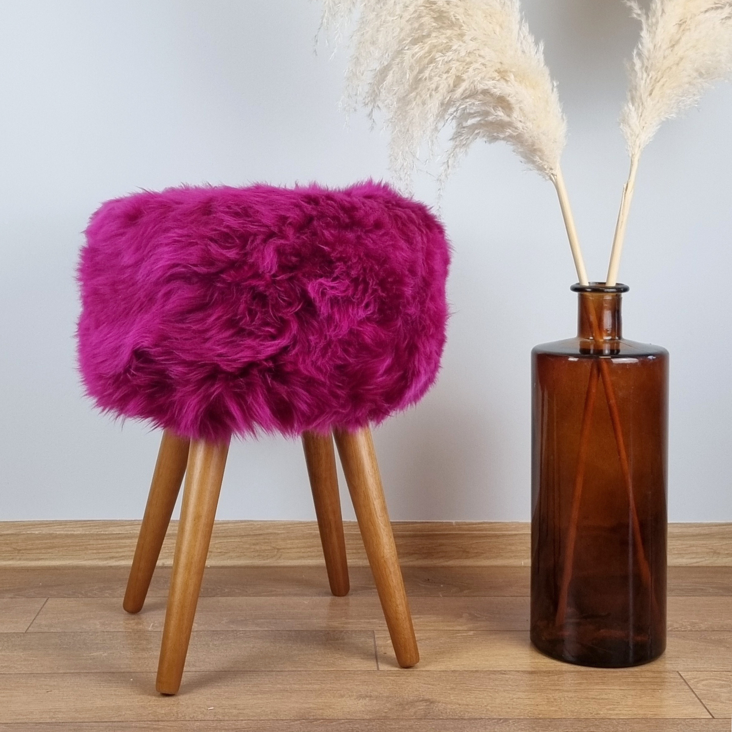 Dark Pink Genuine Sheepskin Stool With Oak Legs - Aphrodite Wears Pink