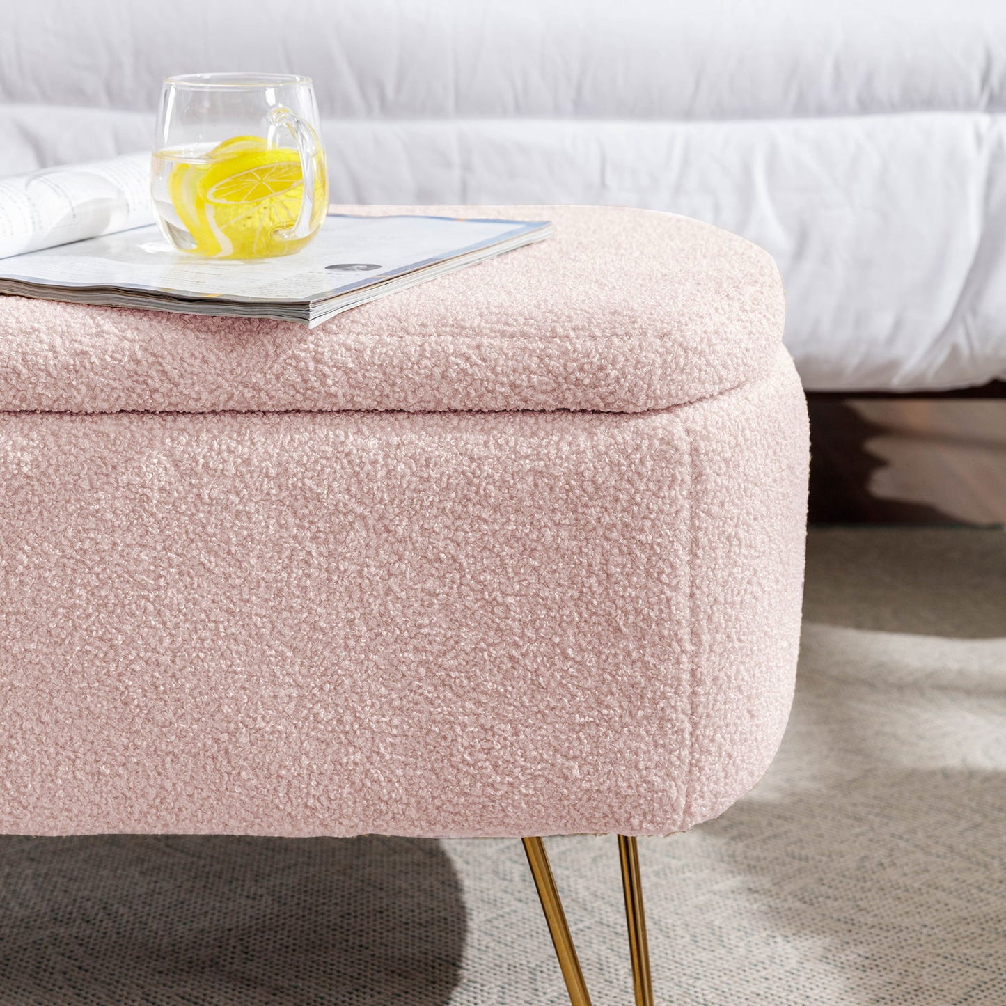 Faux Fur Pink Storage Bench With gold Legs - Aphrodite Wears Pink