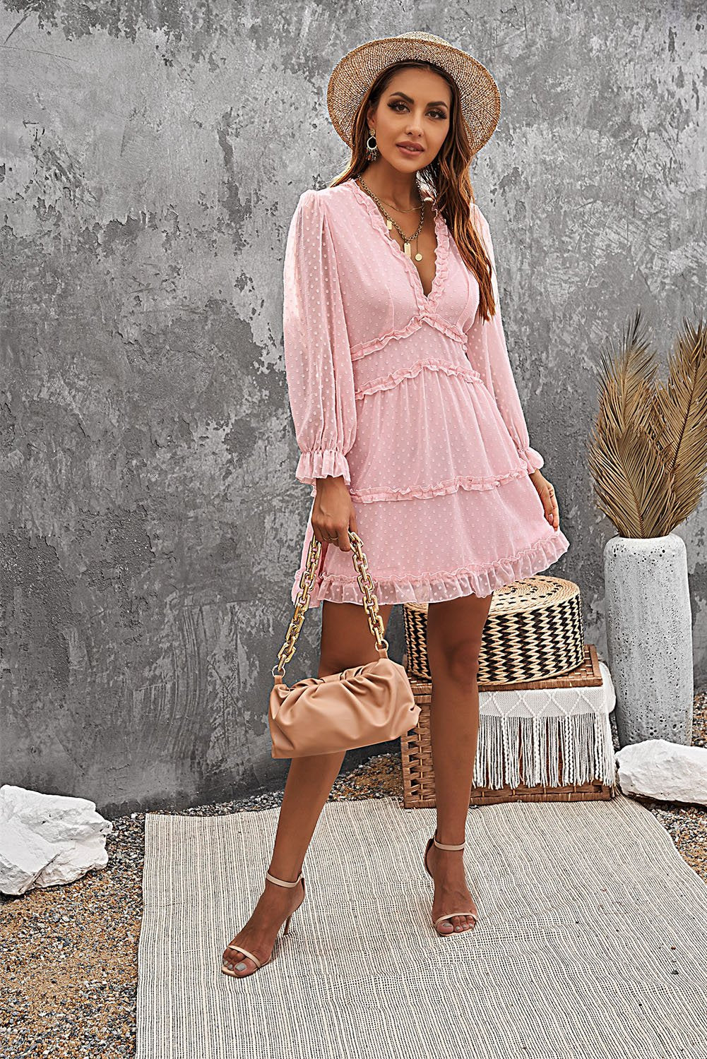 Pink Layered Ruffled Open Back V Neck Mini Dress