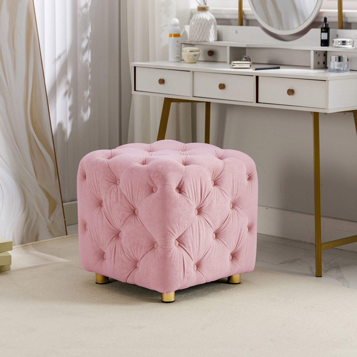 Pink Velvet Upholstered Dice Ottoman
