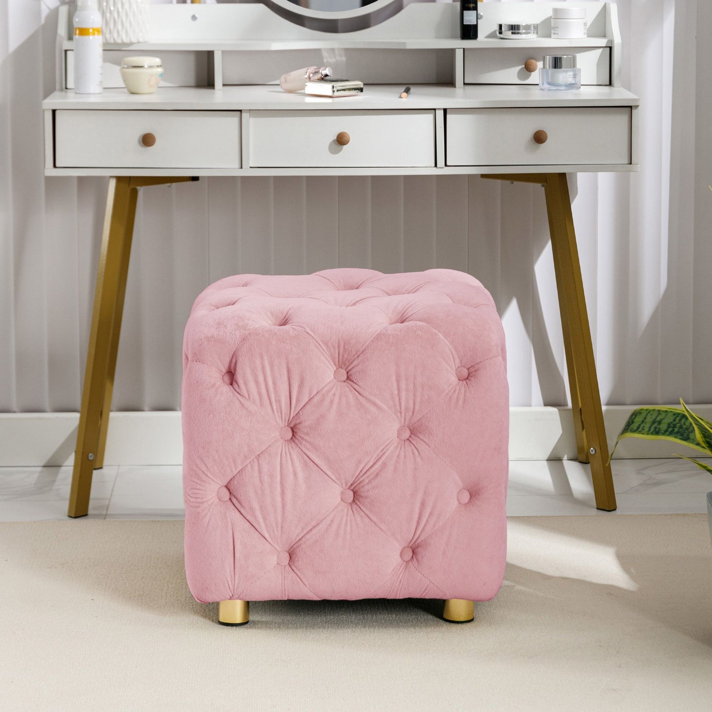 Pink Velvet Upholstered Dice Ottoman