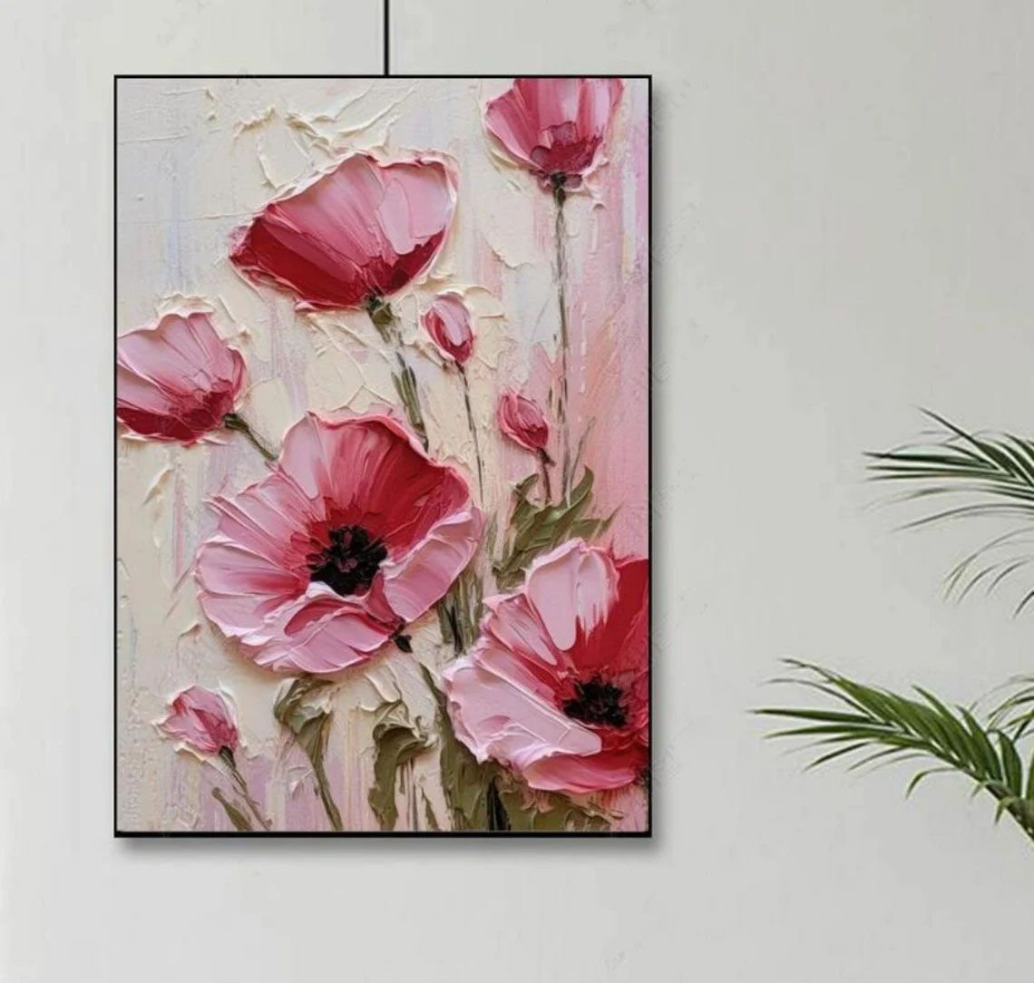 100% Handmade Oil Painting Pink Poppy Flower (No Frame)