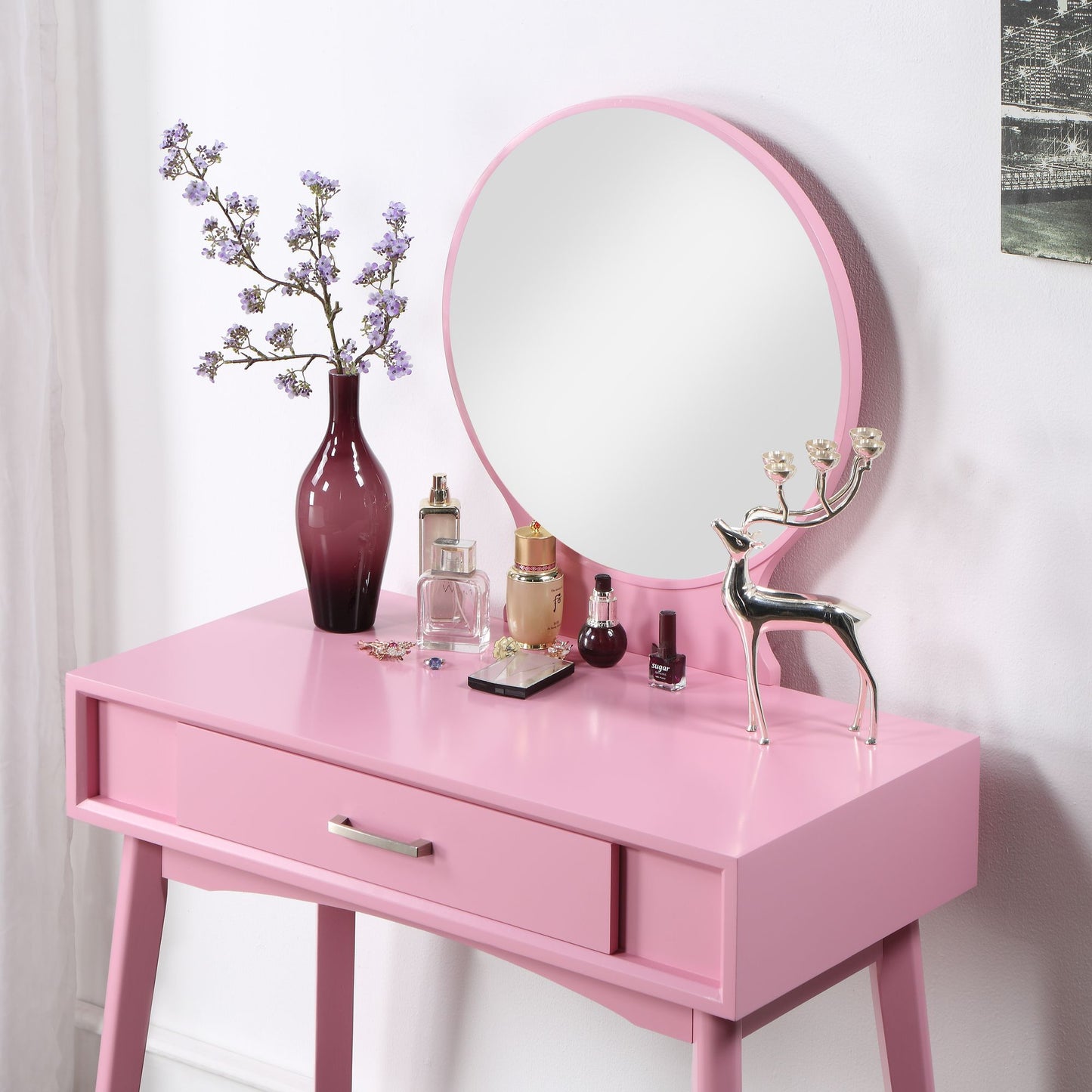 Malia Contemporary Wood Vanity and Stool Set, Pink