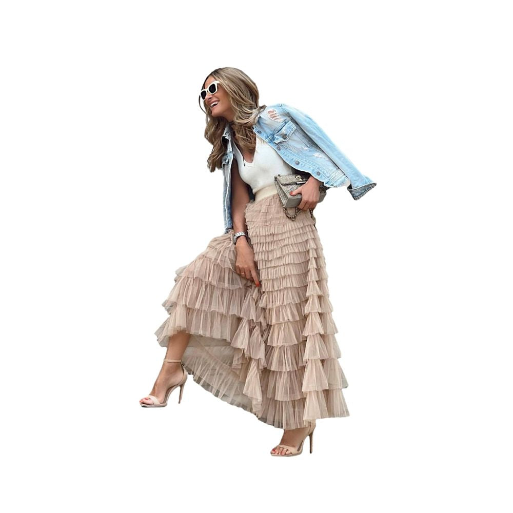 Pleated Lace Tulle Skirt