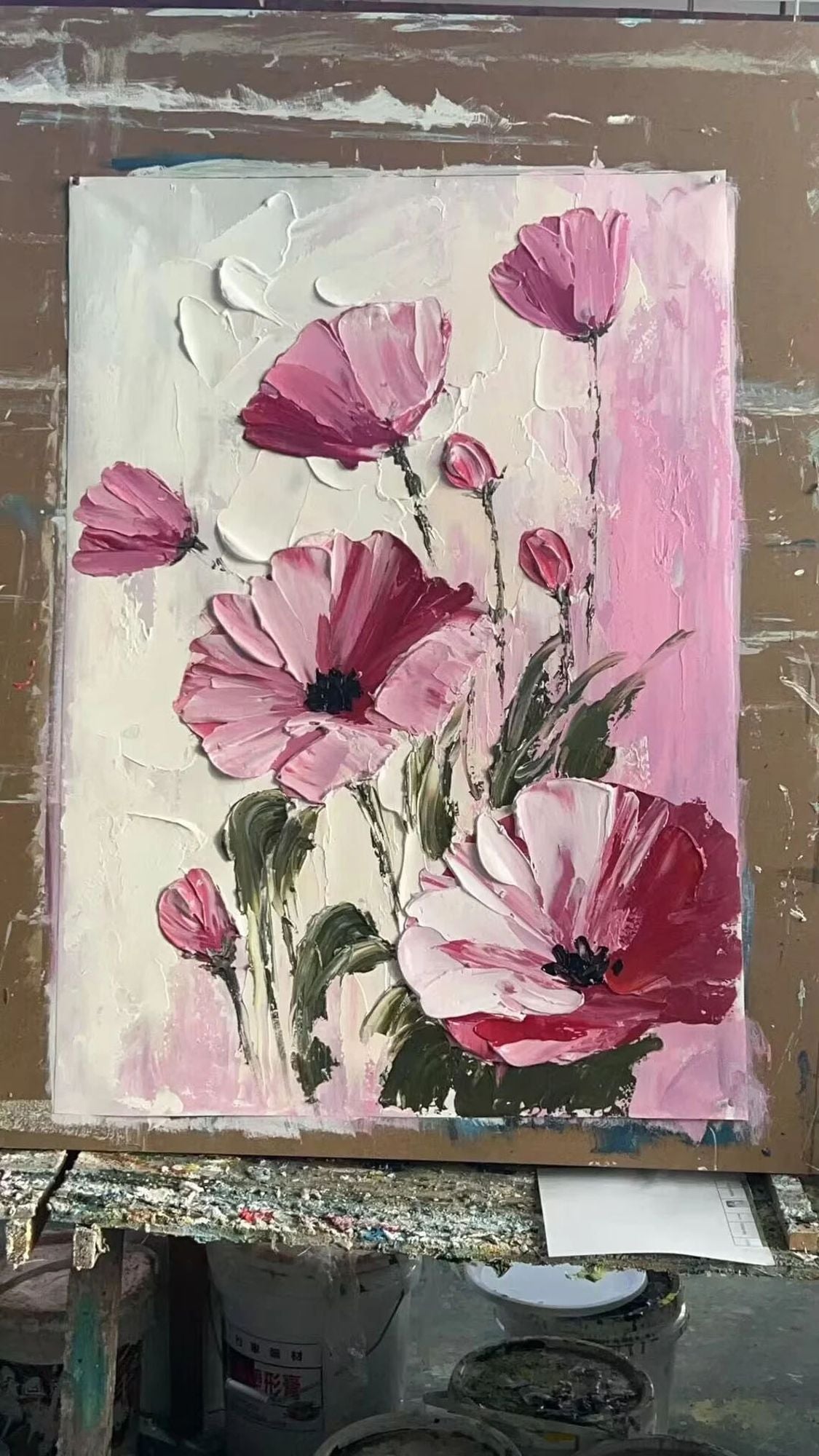 100% Handmade Oil Painting Pink Poppy Flower (No Frame)
