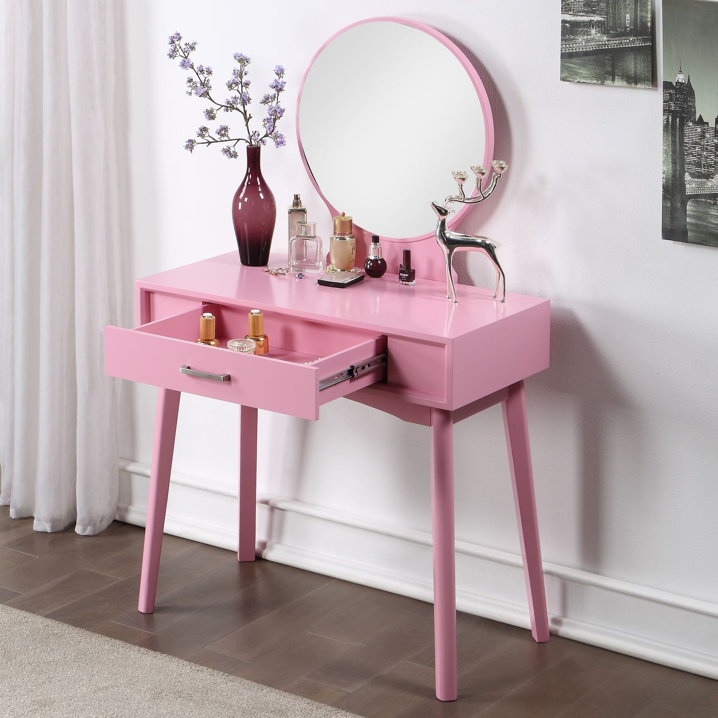 Malia Contemporary Wood Vanity and Stool Set, Pink