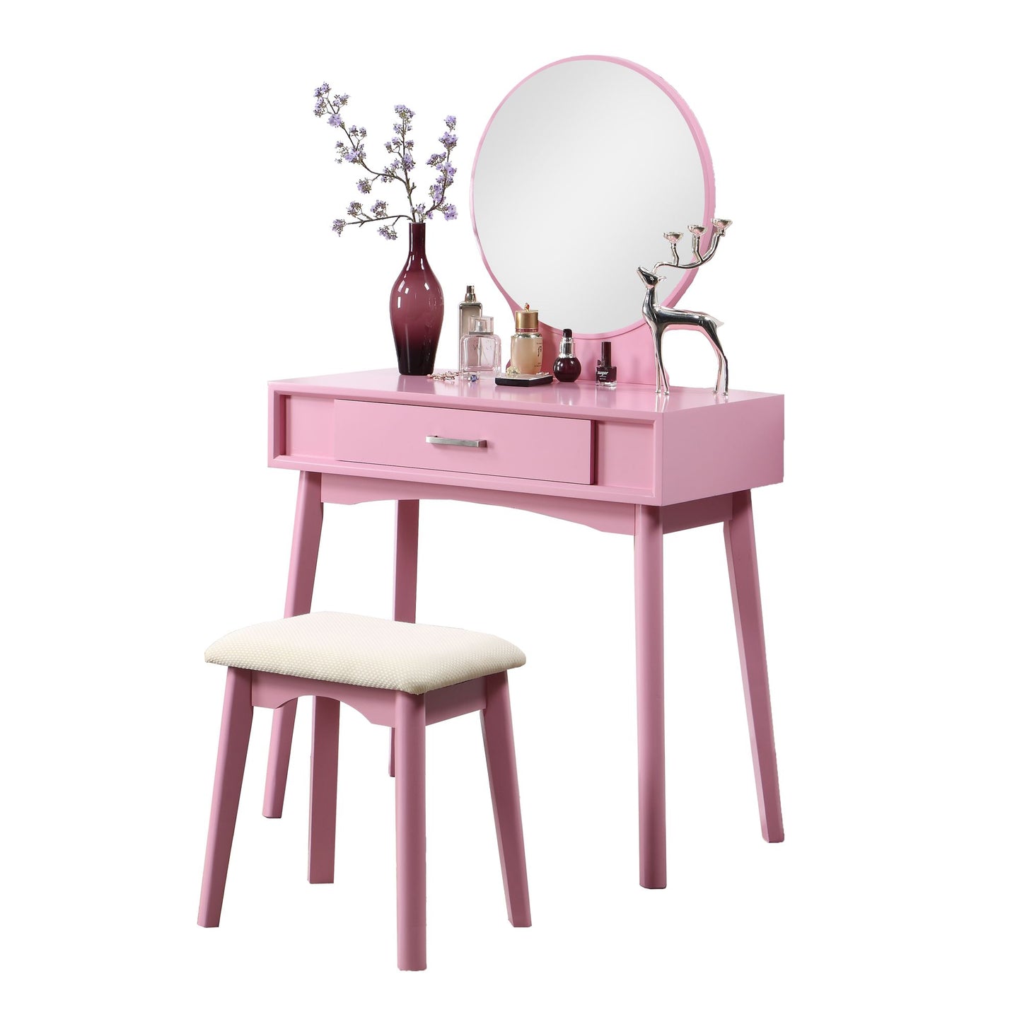 Malia Contemporary Wood Vanity and Stool Set, Pink
