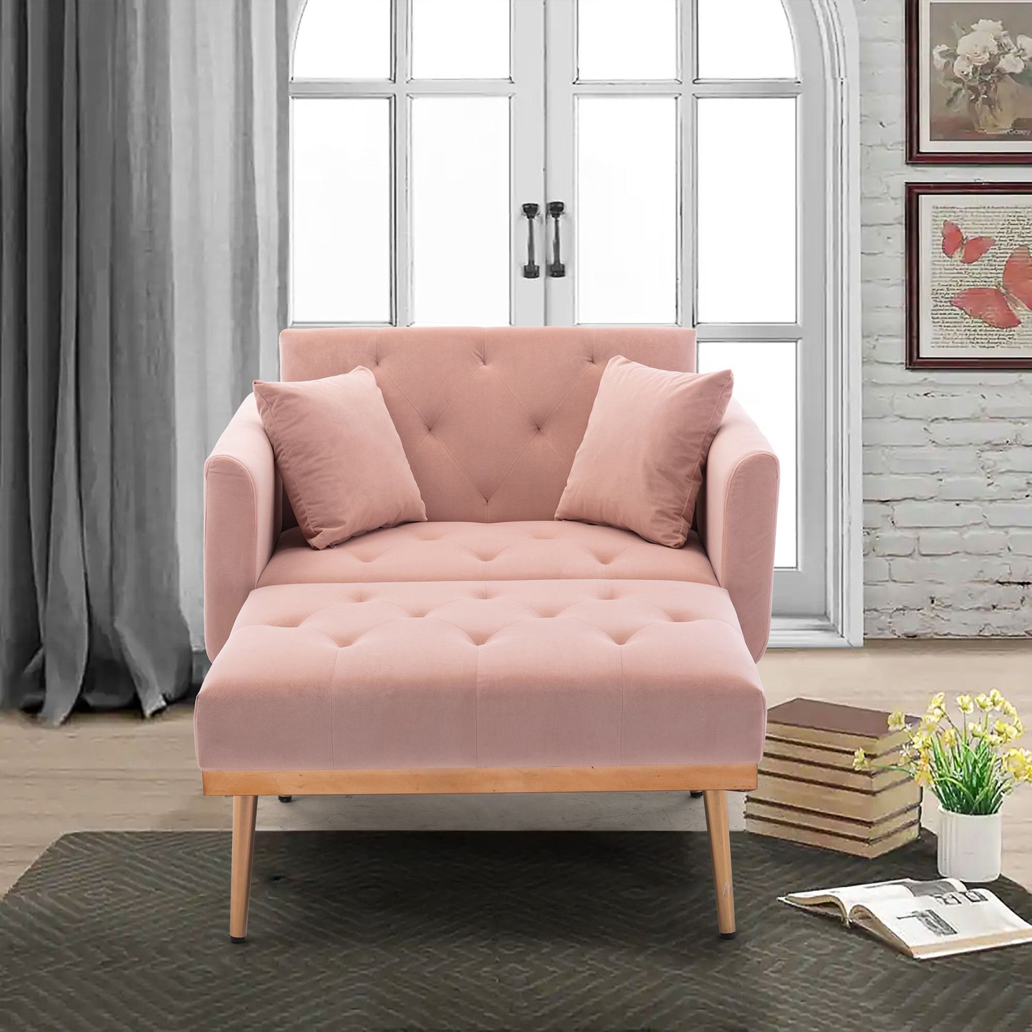 Classic Pink Velvet Chaise Lounge Chair