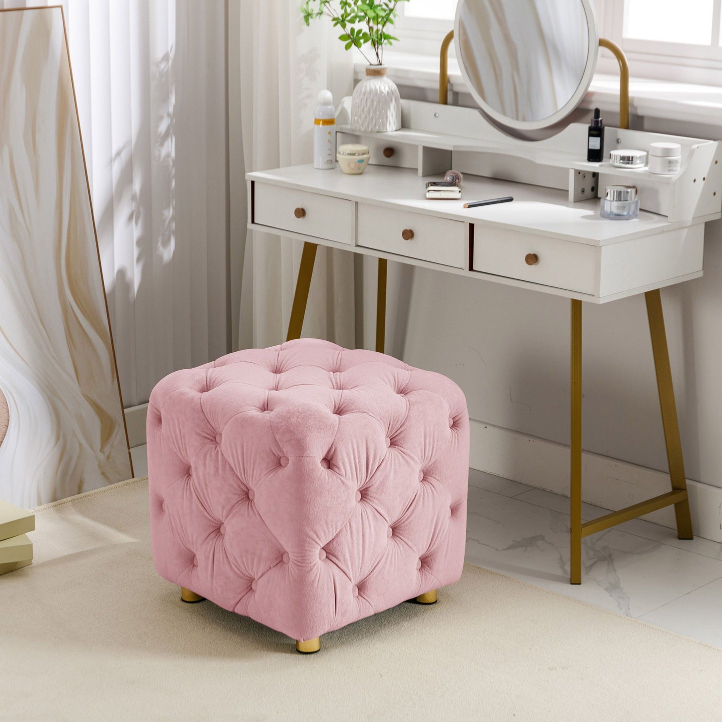 Pink Velvet Upholstered Dice Ottoman