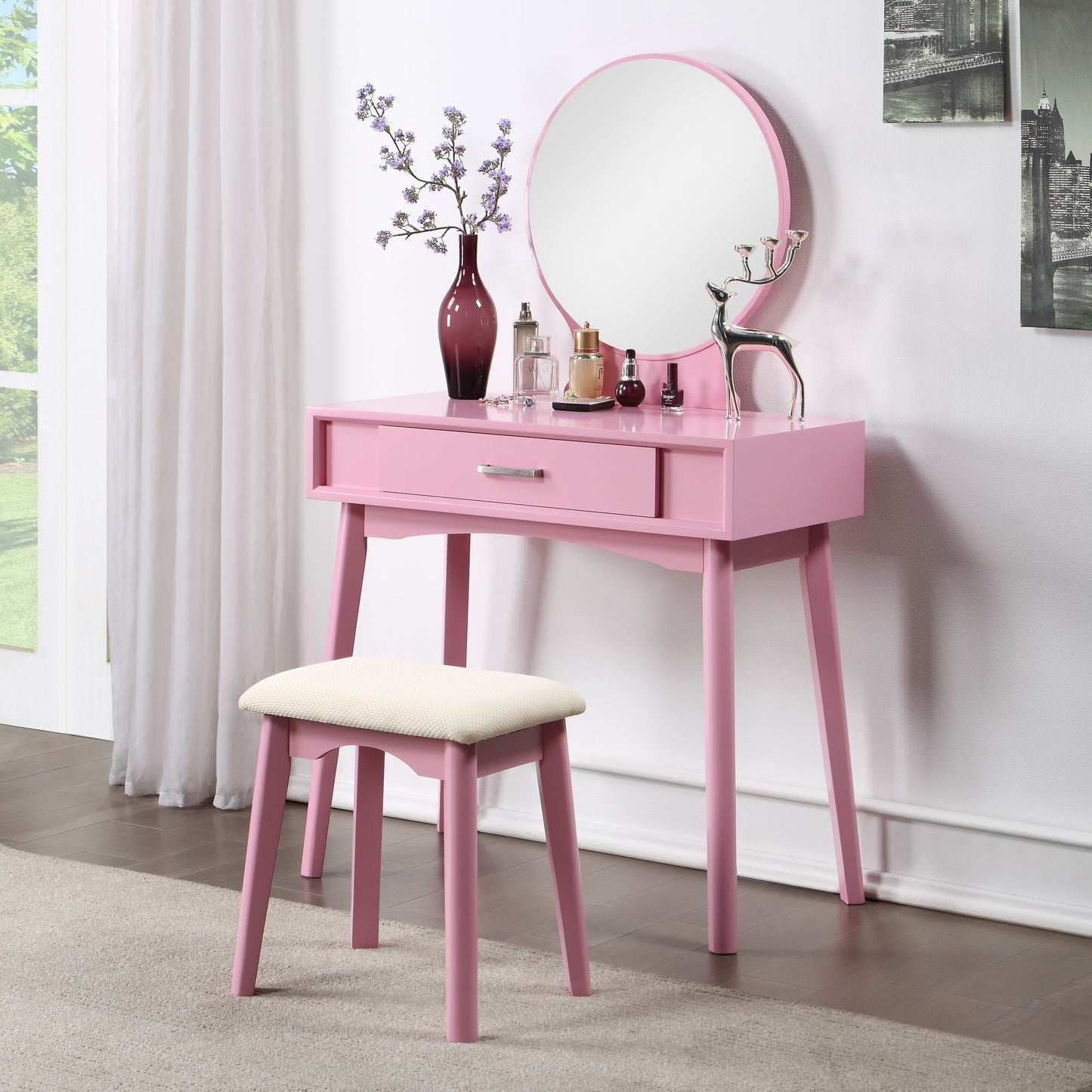 Malia Contemporary Wood Vanity and Stool Set, Pink