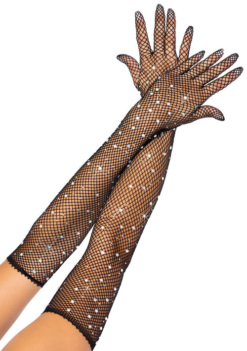 Black Rhinestone Fishnet Long Gloves