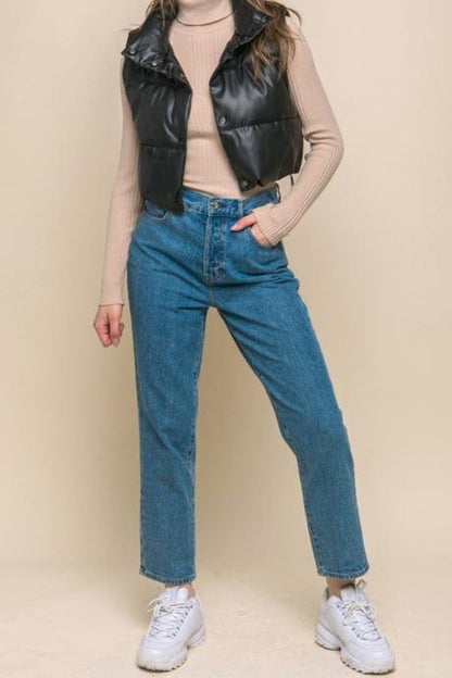 Cropped Faux Leather Puffer Vest