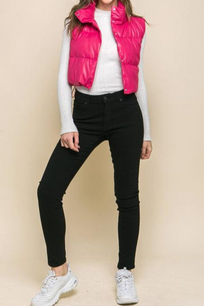 Cropped Faux Leather Puffer Vest