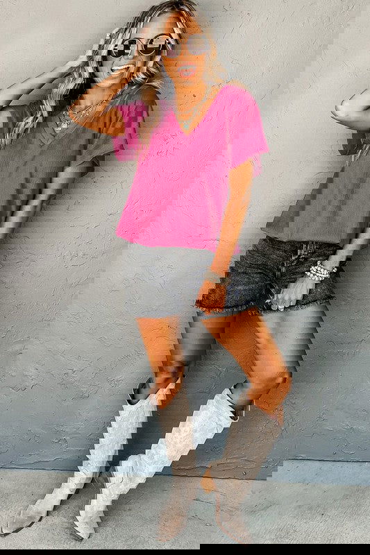 Bright Pink Crinkled V Neck Wide Sleeve T-shirt - Aphrodite Wears Pink
