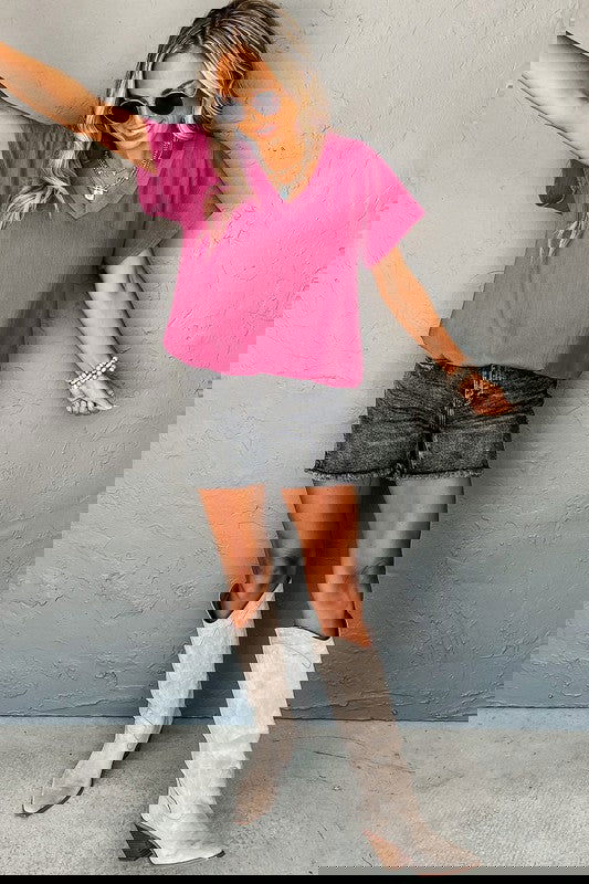 Bright Pink Crinkled V Neck Wide Sleeve T-shirt - Aphrodite Wears Pink