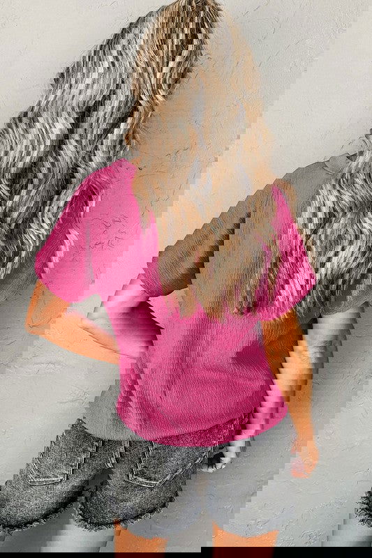 Bright Pink Crinkled V Neck Wide Sleeve T-shirt - Aphrodite Wears Pink