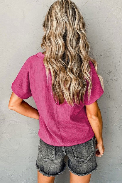 Bright Pink Crinkled V Neck Wide Sleeve T-shirt - Aphrodite Wears Pink