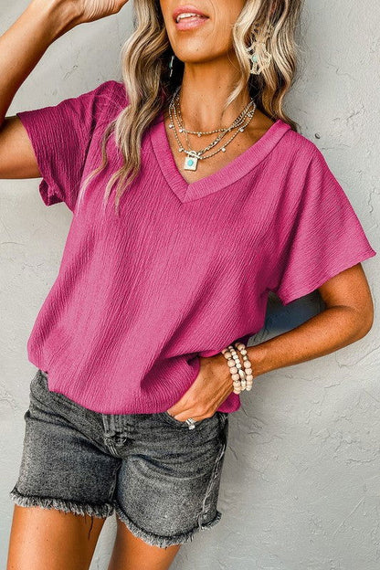 Bright Pink Crinkled V Neck Wide Sleeve T-shirt - Aphrodite Wears Pink