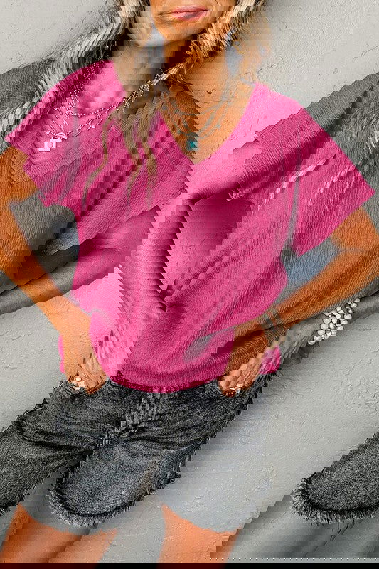 Bright Pink Crinkled V Neck Wide Sleeve T-shirt - Aphrodite Wears Pink