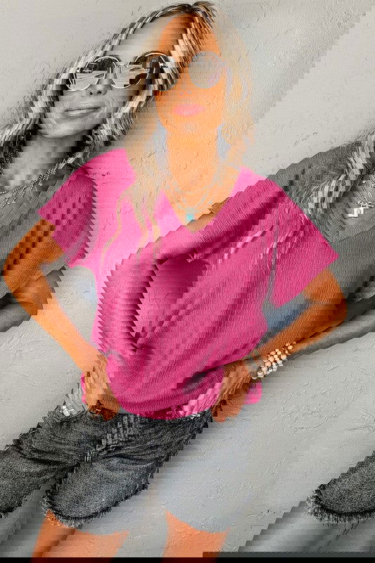 Bright Pink Crinkled V Neck Wide Sleeve T-shirt - Aphrodite Wears Pink