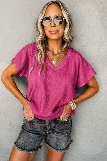 Bright Pink Crinkled V Neck Wide Sleeve T-shirt - Aphrodite Wears Pink