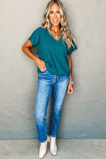 Bright Pink Crinkled V Neck Wide Sleeve T-shirt - Aphrodite Wears Pink