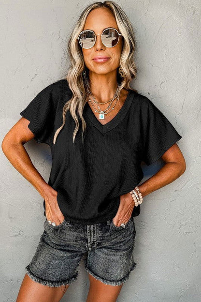 Bright Pink Crinkled V Neck Wide Sleeve T-shirt - Aphrodite Wears Pink