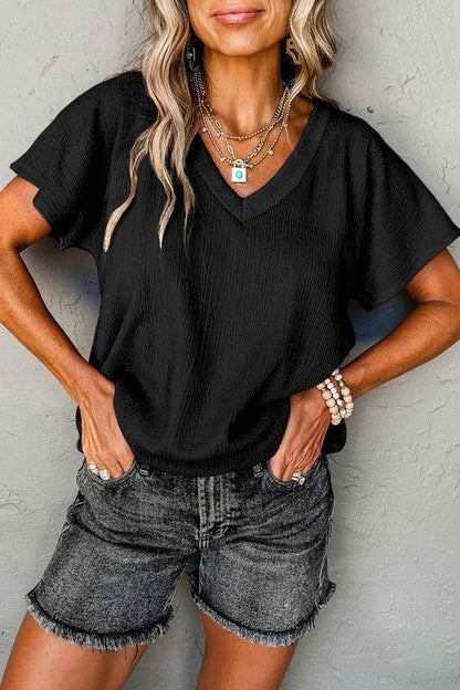 Bright Pink Crinkled V Neck Wide Sleeve T-shirt - Aphrodite Wears Pink