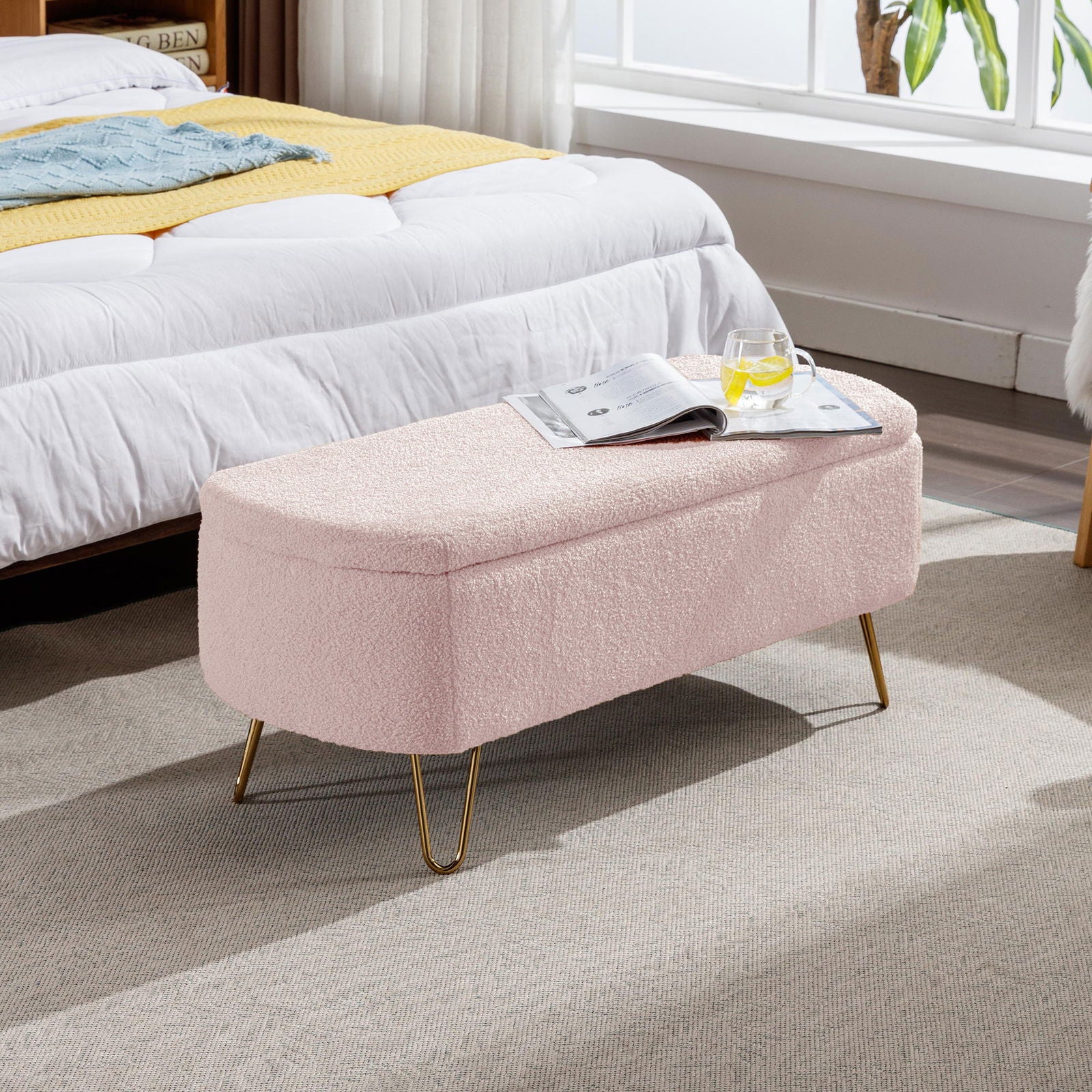 Faux Fur Pink Storage Bench With gold Legs - Aphrodite Wears Pink