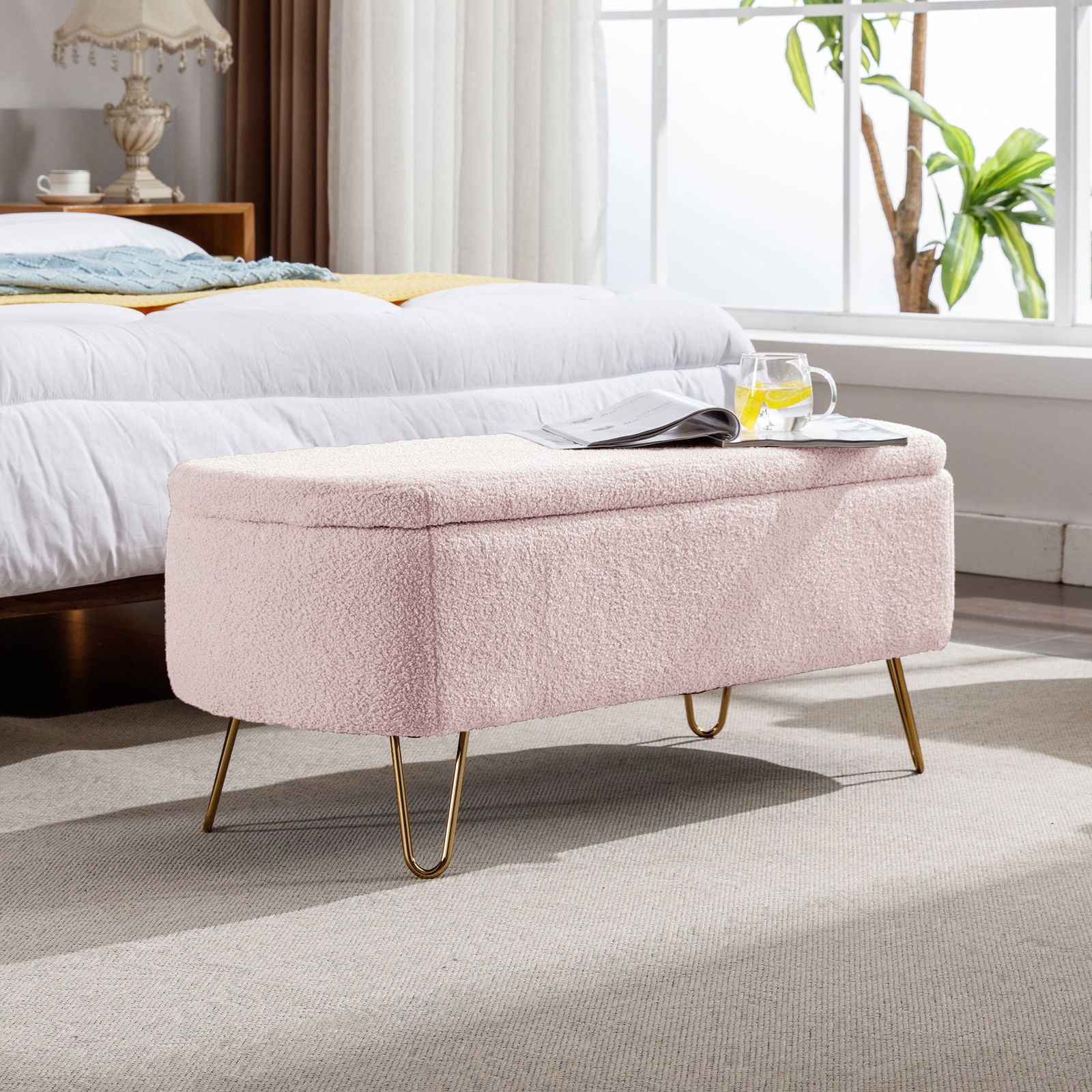 Faux Fur Pink Storage Bench With gold Legs - Aphrodite Wears Pink