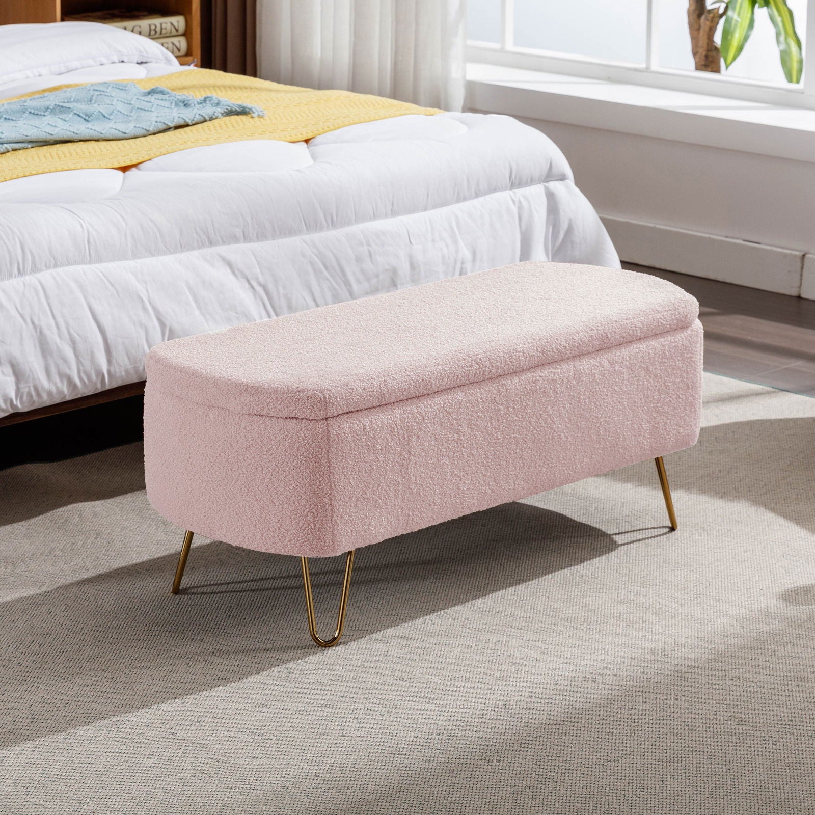 Faux Fur Pink Storage Bench With gold Legs - Aphrodite Wears Pink