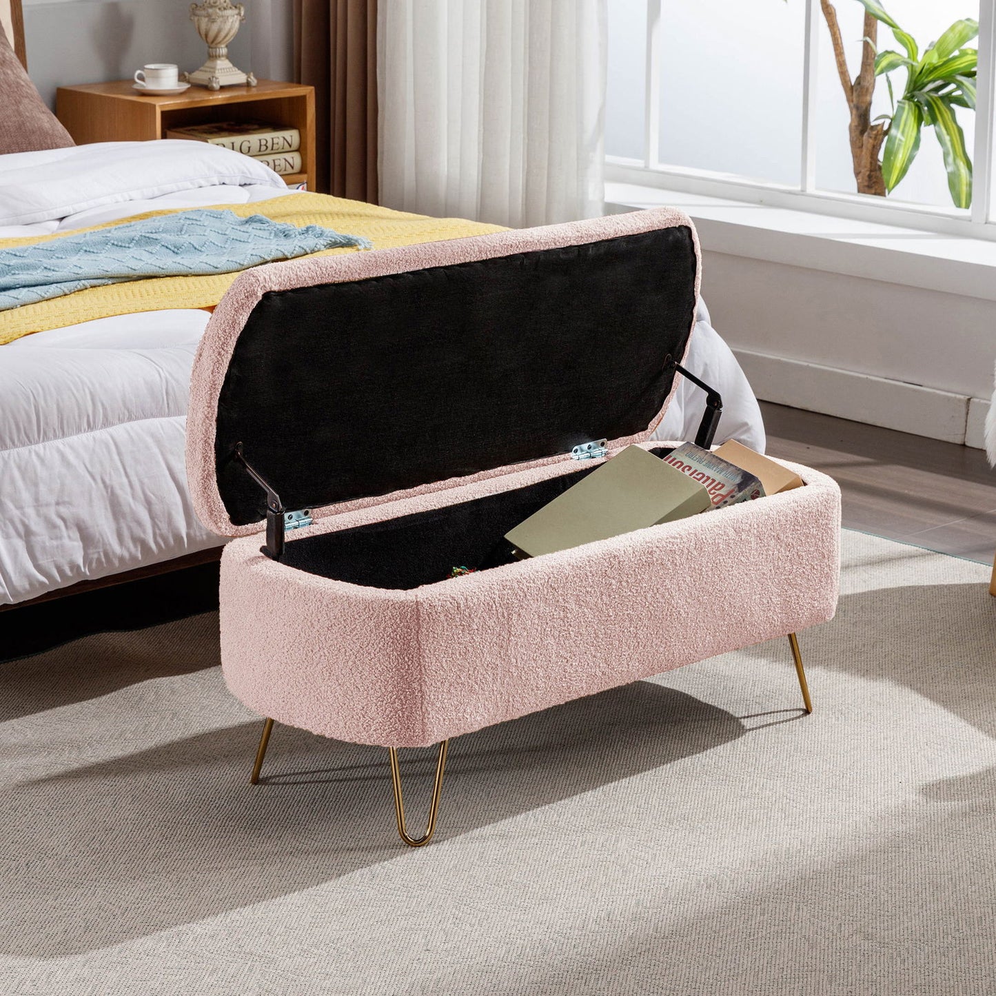Faux Fur Pink Storage Bench With gold Legs - Aphrodite Wears Pink