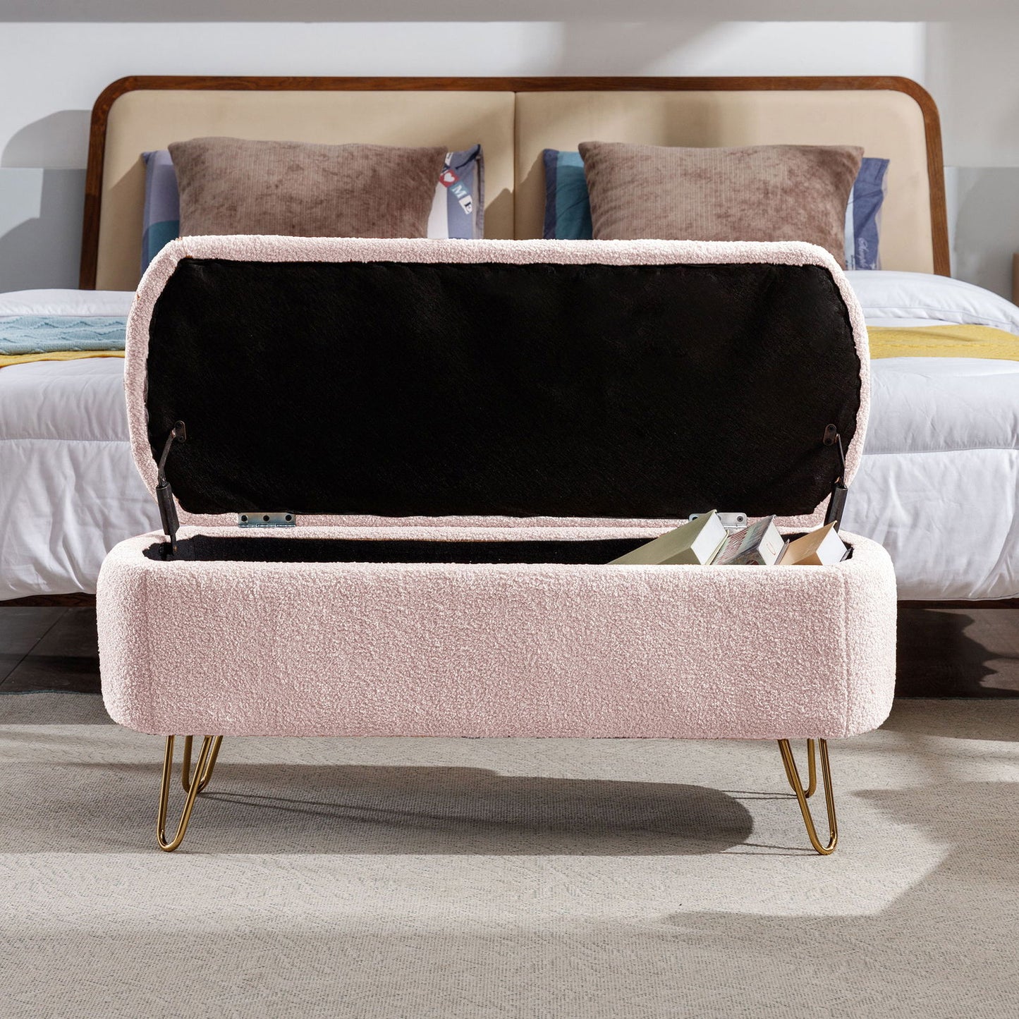 Faux Fur Pink Storage Bench With gold Legs - Aphrodite Wears Pink