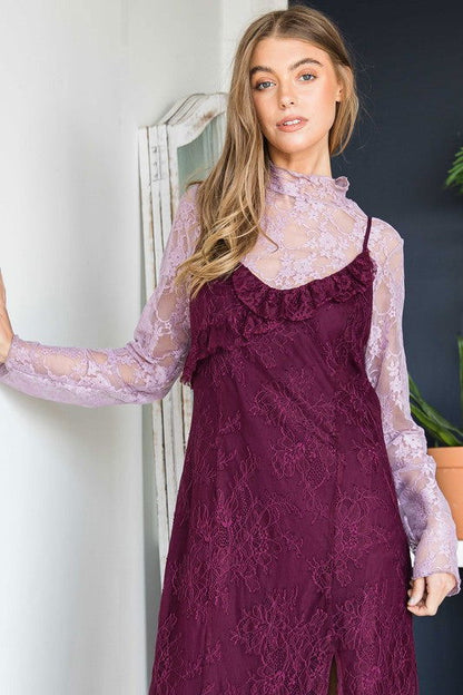 Floral Print Lace Long Sleeve Top - Aphrodite Wears Pink