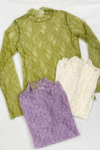 Floral Print Lace Long Sleeve Top - Aphrodite Wears Pink
