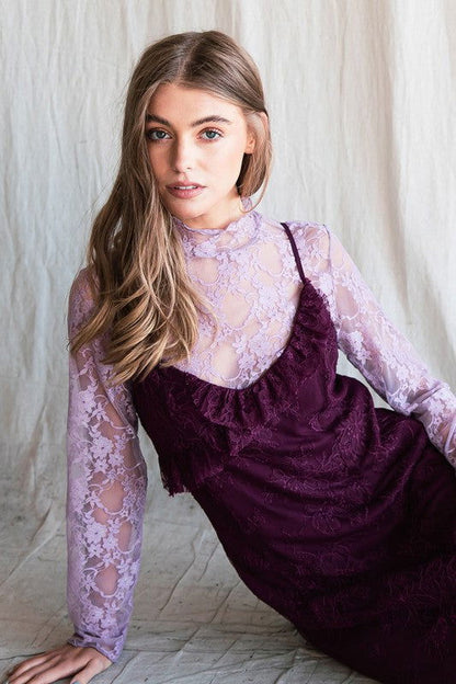 Floral Print Lace Long Sleeve Top - Aphrodite Wears Pink