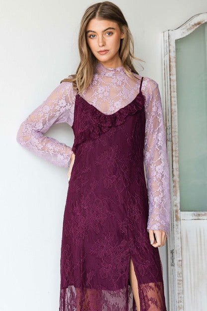 Floral Print Lace Long Sleeve Top - Aphrodite Wears Pink