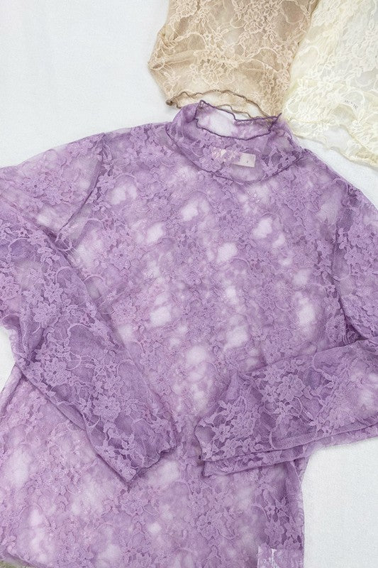 Floral Print Lace Long Sleeve Top - Aphrodite Wears Pink