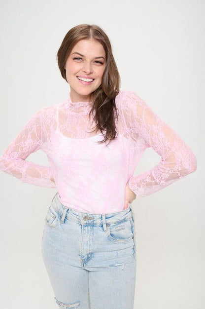 Floral Print Lace Long Sleeve Top - Aphrodite Wears Pink