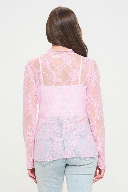 Floral Print Lace Long Sleeve Top - Aphrodite Wears Pink