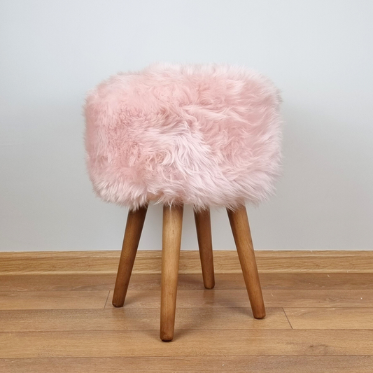 Light Pink Genuine Sheepskin Stool With Oak Legs - Aphrodite Wears Pink