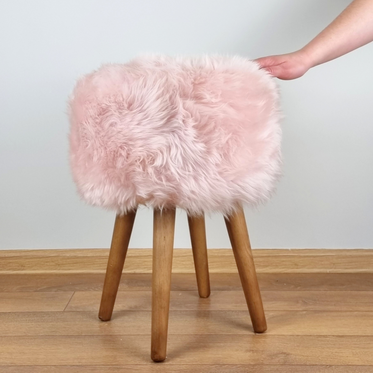 Light Pink Genuine Sheepskin Stool With Oak Legs - Aphrodite Wears Pink