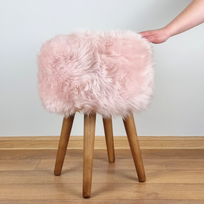 Light Pink Genuine Sheepskin Stool With Oak Legs - Aphrodite Wears Pink