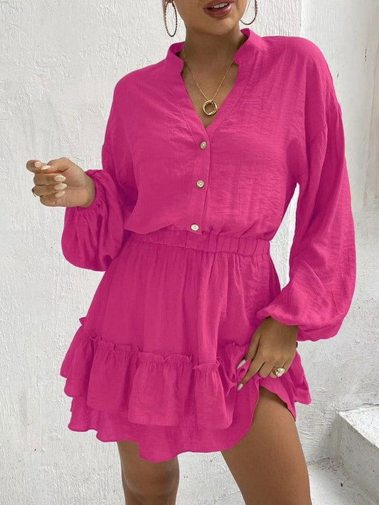 Long sleeve button front ruffle dress - Aphrodite Wears Pink