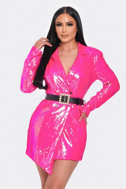 Pearl Belted Sequin Blazer Mini Dress - Aphrodite Wears Pink