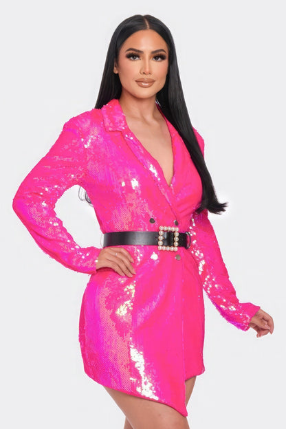 Pearl Belted Sequin Blazer Mini Dress - Aphrodite Wears Pink
